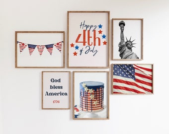 Imprimibles del 4 de julio, grabados patrióticos estadounidenses, conjunto de galería del 4 de julio de 6 grabados, arte digital del Día de la Independencia, arte de pared imprimible
