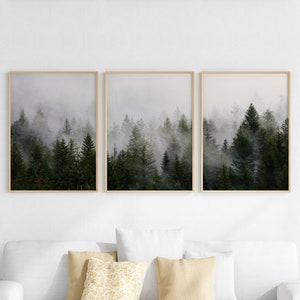 Nebliger Wald Poster 3er Set, dunkelgrüner nebelwald fotografie, druckbare Natur, 3-teiliges Wandbild