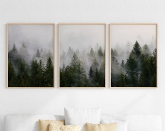Forest triptych wall art, misty forest photography, nature printable posters, digital download