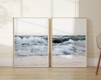 Ocean waves 2 piece wall art, blue beach waves prints set of 2, modern coastal photography, ocean downloadable posters, printable wall art