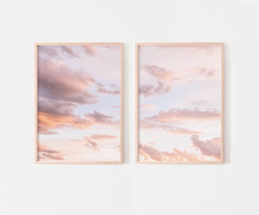 Blush Pink Clouds Wall Art, Pink Sky Prints Set of 2, Sunset Clouds