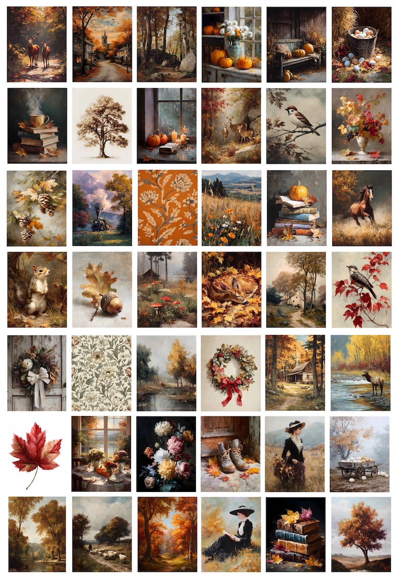 May include: A collection of 36 autumn-themed paintings. The images feature various fall scenes, including landscapes with trees, animals, pumpkins, and floral arrangements. The color palette is dominated by warm tones of orange, red, and brown.