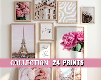 May include: A gallery wall set of 24 prints featuring light wood frames. The collection includes images of pink peonies, the Eiffel Tower, Parisian architecture, a carousel, abstract beige lines, and text prints reading Bonjour PARIS.