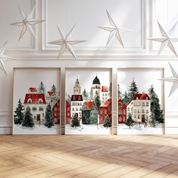 Juego de 3 impresiones de pueblos navideños, pinturas de pueblos nevados de invierno, descarga digital
