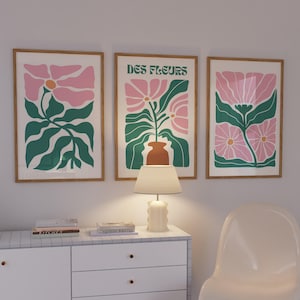 Abstract Pink Green Flower Print Set: Retro Botanical Wall Art (Digital Download)
