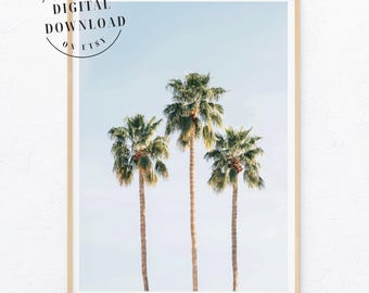 Print strandpalmen, fotografie palmbomen aan de kust van Californië, pastel zomer beachy afdrukbare muurkunst