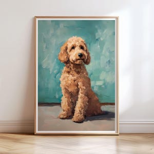 May include: A painting of a light brown dog sitting in front of a teal blue background. The dog has a fluffy coat and is looking up at the viewer.