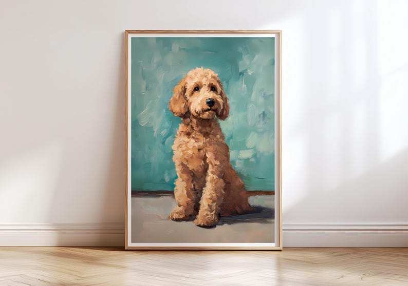 May include: A painting of a light brown dog sitting in front of a teal blue background. The dog has a fluffy coat and is looking up at the viewer.