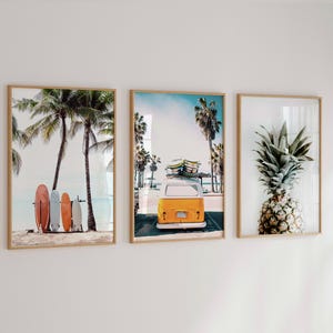 Beach surf set of 3 prints, summer coastal pictures, surfboards digital poster, summer tropical photography