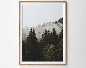 Foggy Forest landscape photography print, dark nature poster, digital download, printable wall art