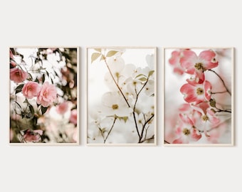 Blooming flowers prints set of 3, pink cherry blossom photography, sakura wall art, printable wall art