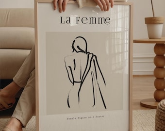 Impresión de arte lineal de La femme, ilustración femenina neutra bohemia, póster de arte lineal de mujer abstracta, arte de pared imprimible