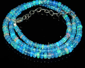 Collana di perle lisce a rondella in opale blu di fuoco etiope naturale / Collana di opale blu / Perle a rondella in opale AAA+ / Perle di opale per la creazione di gioielli