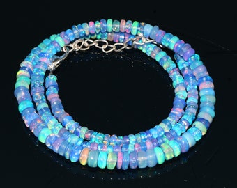 Natural Ethiopian Blue Fire Opal Smooth Rondelle Beads Necklace| Blue Opal Necklace| AAA+ Opal Rondelle Beads Necklace 16 Inch