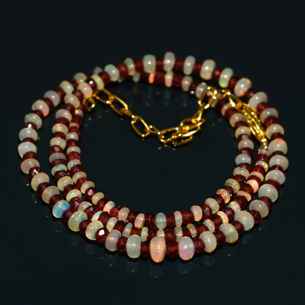 100% Ethiopian Opal Beads Necklace| Opal, Garnet Smooth Beads Necklace| Welo Fire Opal Beads Necklace| Red Garnet Faceted Beads Necklace|