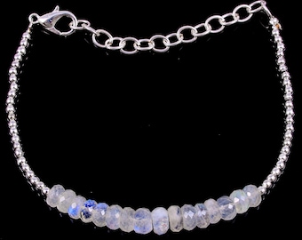 AAA++ Natural Rainbow Moonstone Gemstone Rondelle Faceted Beaded Bracelet 6 Inch, Genuine Blue Fires Gemstone