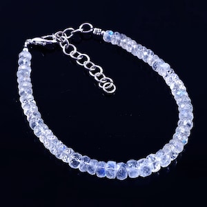 AAA++ Natural Rainbow Moonstone Gemstone Rondelle Faceted Beaded Bracelet 6 Inch, Genuine Blue Fires Gemstone| Rainbow Moonstone Bracelet