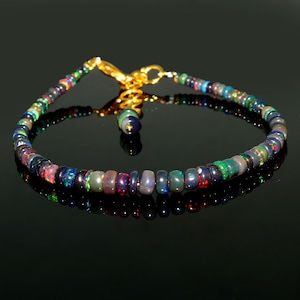 Black Opal Bracelet| Natural Ethiopian Black Opal Beads Bracelet| AAA+ Smooth Opal Bracelet| Black Fire Opal Bracelet| 6 Inch| Gift For Her
