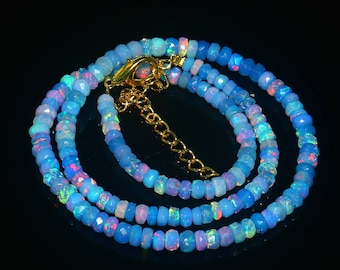 Ethiopian Opal Beads| Natural Blue Opal Faceted Rondelle Beads Necklace| AAA+ Blue Opal Beads| Fire Opal Beads| Opal Rondelle Beads Necklace