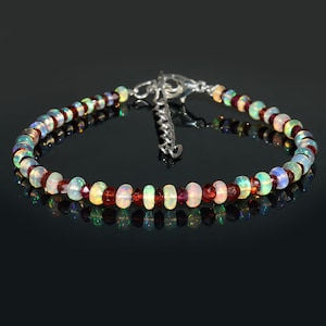 100% Ethiopian Opal Bracelet| Opal, Garnet Smooth Bracelet| Smooth Opal Beads Bracelet| AAA+ Red Garnet Faceted Beads Bracelet| 7 Inch