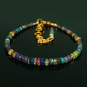 Black Opal Bracelet| Natural Ethiopian Black Opal Beads Bracelet| AAA+ Smooth Opal Bracelet| Black Fire Opal Bracelet| 7 Inch| Gift For Her