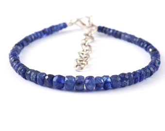 AAA+ blå safirarmband | 100 % naturligt blått safirarmband | Armband med blå safirpärlor | Fasetterade blå safirpärlor | Ädelsten 15 cm