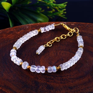 AAA++ Natural Rainbow Moonstone Gemstone Rondelle Faceted Beaded Bracelet 6 Inch, Genuine Blue Fires Gemstone| Rainbow Moonstone Bracelet