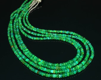 Natural Ethiopian Green Fire Opal Smooth Rondelle Beads Necklace| Green Opal Necklace| AAA+ 4 Stand Opal Rondelle Beads Necklace 16 Inch
