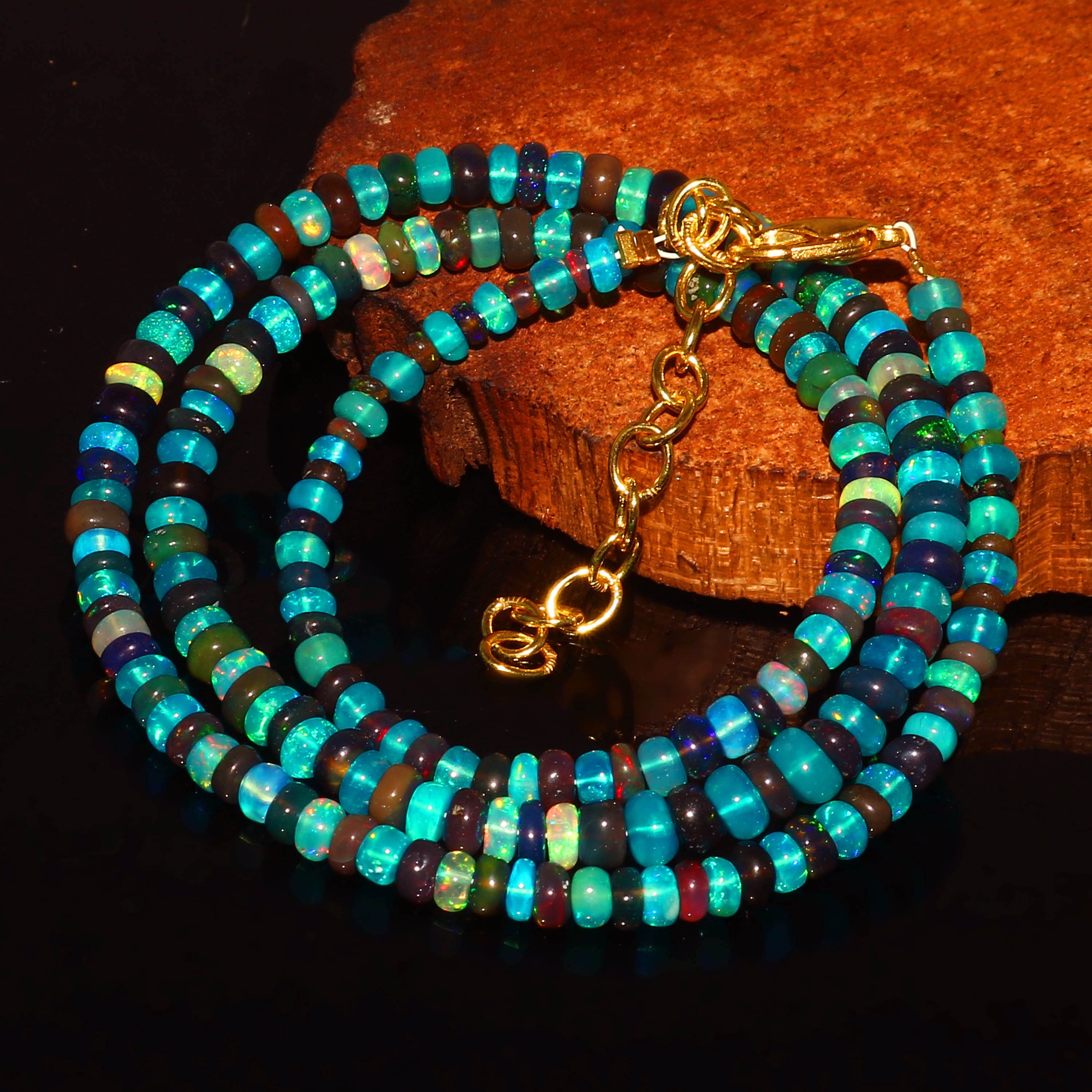 Collier Perles Pépites Rugueuses En Opale De Feu Noire Welo Naturelle - 93 Carats, Longueur 8-19 Mm