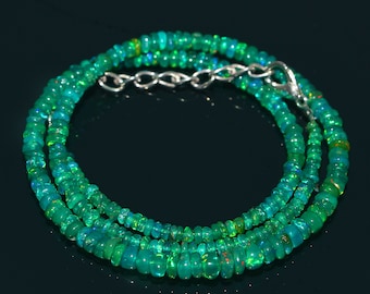 Natural Ethiopian Green Fire Opal Smooth Rondelle Beads Necklace| Green Opal Necklace| AAA+ Opal Rondelle Beads Necklace 16 Inch