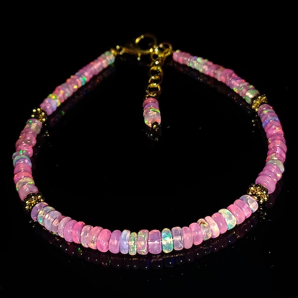 Ethiopian Welo Fire Opal Bracelet: Pink Opal Beads, 7 Inch Natural Pink Opal Bracelet AAA++ Smooth Opal Rondelle Beads Dainty Opal Bracelet
