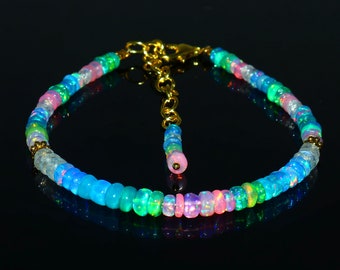Ethiopian Opal Beaded Dainty Bracelet|AAA Grade Opal Bracelet|Multi Color Fire Opal Bracelet|Genuine Opal Jewelry| 7&quot; Welo Fire Opal Beads