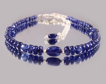 Pulseira de Safira | Pulseira de Safira Azul | Pulseira de Safira Azul Brilhante com Contas Lisas em Formato de Rondelle | Joia de Safira Genuína para Mulheres