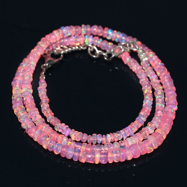 Collier de perles rondes lisses naturelles d'opale de feu rose d'Éthiopie | Collier opale rose| Collier de perles rondes opale AAA+ 16 pouces