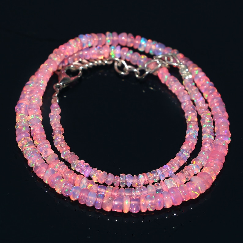 Natural Ethiopian Pink Fire Opal Smooth Rondelle Beads Necklace Pink Opal Necklace AAA Opal Rondelle Beads Necklace 16 Inch 画像 1