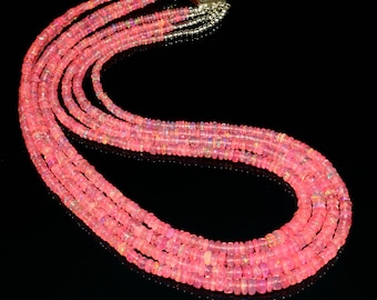 Natural Ethiopian Pink Fire Opal Smooth Rondelle Beads Necklace| Pink Opal Necklace| AAA+ 4 Stand Opal Rondelle Beads Necklace 16 Inch