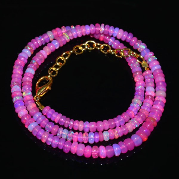 OPAL NECKLACE'S|Natural Ethiopian Pink Fire Opal Smooth Rondelle Beads Necklace| Pink Opal Necklace| AAA+ Opal Rondelle Beads Necklace 16"