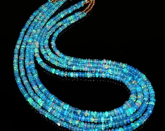 Natural Ethiopian Blue Fire Opal Smooth Rondelle Beads Necklace| AAA+Blue Opal Necklace| 4 Stand Opal Rondelle Beads Necklace Fire Opal Bead