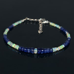 Blue Sapphire Bracelet|Ethiopian Opal Bracelet| Welo Fire Opal Bracelet|Natural Blue Sapphire Beaded Bracelet|Faceted Sapphire Bracelet|