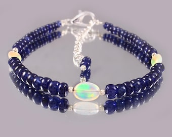 Pulseira de Safira | Pulseira de Safira Azul | Pulseira de Safira Azul Brilhante com Contas Lisas em Formato de Rondelle | Joia de Safira Genuína para Mulheres