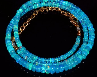 Natural Ethiopian Paraiba Opal Smooth Rondelle Beads Necklace| Paraiba Opal Necklace| AAA+ Opal Rondelle Beads| Fire Opal Gemstone Beads|