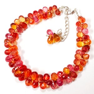 Padparadscha Sapphire Bracelet: Orange Teardrop Briolette Beads, 7 Inch Orange Sapphire Briolette Drops, Sapphire Gemstone Bead For Jewelry