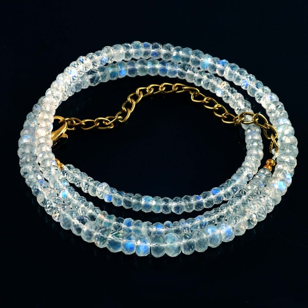 Extremely Beautiful- Sri Lankan Moonstone Faceted Beads Necklace| Rare Rainbow Moonstone Beads| Blue Flashy Rainbow Moonstone Necklace|16"