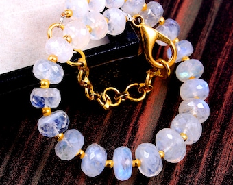 AAA++ Natural Rainbow Moonstone Gemstone Rondelle Faceted Beaded Bracelet 6 Inch, Genuine Blue Fires Gemstone