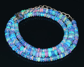 Natural Ethiopian Blue Fire Opal Smooth Rondelle Beads Necklace| Blue Opal Necklace| AAA+ Opal Rondelle Beads Necklace 16 Inch
