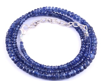 Collier Long Perles Pierres Précieuses Bleues Naturelles à Facettes - AAA++, Réglable, Fabrication Artisanale Inde