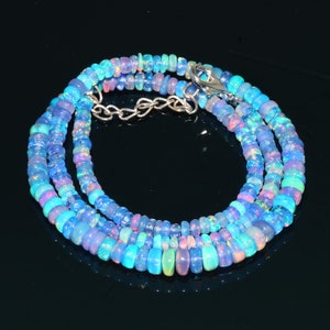 Natural Ethiopian Blue Fire Opal Smooth Rondelle Beads Necklace| Blue Opal Necklace| AAA+ Opal Rondelle Beads Necklace 16 Inch