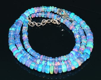 Natural Ethiopian Blue Fire Opal Smooth Rondelle Beads Necklace| Blue Opal Necklace| AAA+ Opal Rondelle Beads Necklace 16 Inch