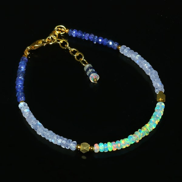 Bijoux en pierre de lune arc-en-ciel extrêmement beaux| Bracelet de perles à facettes en pierre de lune arc-en-ciel| Perles à facettes tanzanite 7 pouces| Bracelet opale Welo