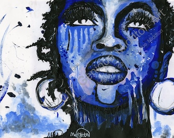 May include: A close-up of a painting of a woman's face. The woman has dark skin and is wearing large hoop earrings. Her face is painted in shades of blue and black, with white highlights. The background is white with blue and black paint splatters.